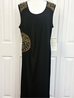 NWT Ashro Black Stretch Bead Embellished Sleeveless Ruched Midi Dress XL